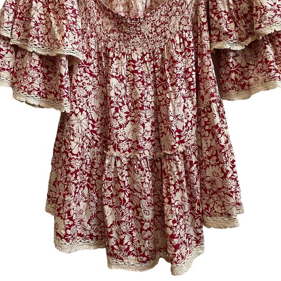 Free People Flowy Boho Ruffle Sleeve Waist Open Back Raspberry Mini Dress Size S - Picture 12 of 16